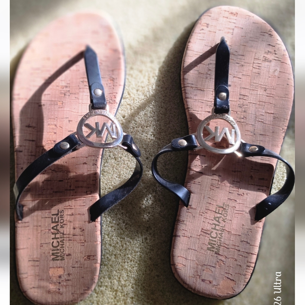 MICHAEL Michael Kors Black Leather Logo Thong Sandals with Cork Footbed